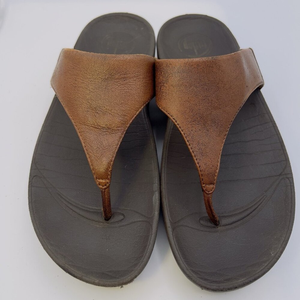 FitFlop LuLu Brown Leather Toe Post Slip On For Larger Women  Sandals Size 7